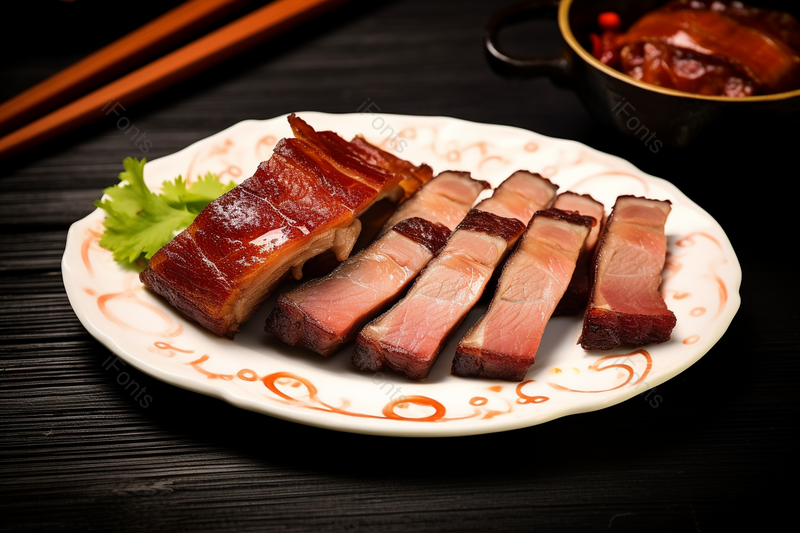一份美味的腊肉肉食肉菜放在盘子里,高清,摄影图,摄影图片,图片大全,摄影图免费下载